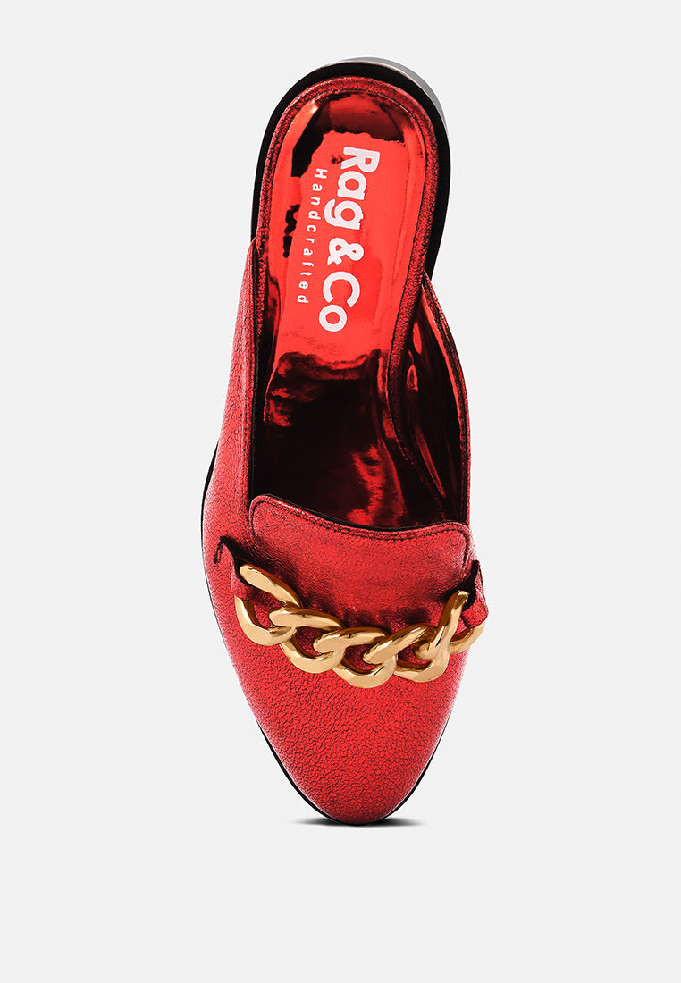 AKSA Chain Embellished Metallic Red Leather Mules#color_red