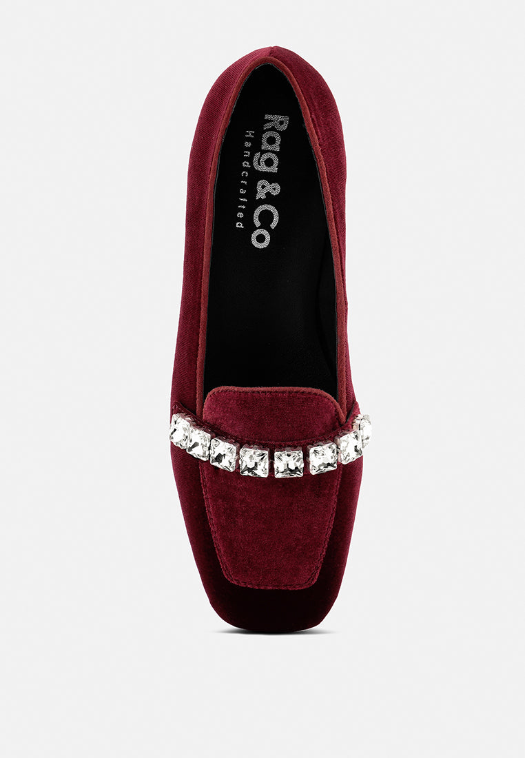 lamington handcrafted velvet diamante loafers in burdundy_burgundy