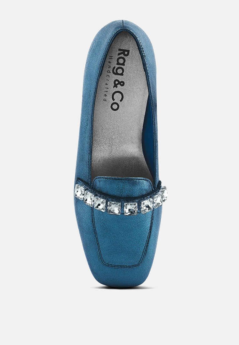 churros blue metallic diamante leather loafers_blue
