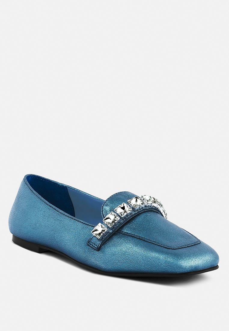 churros blue metallic diamante leather loafers_blue