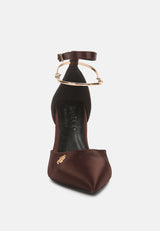 HOBNOB Satin High Heeled Anklet Sandals in Dark Brown#color_Dark Brown