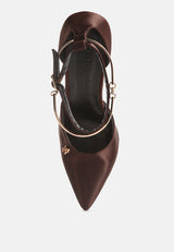 HOBNOB Satin High Heeled Anklet Sandals in Dark Brown#color_Dark Brown