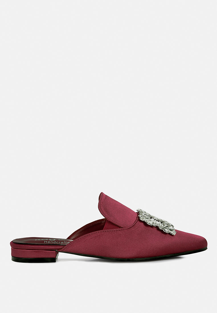 PERRINE Diamante Jewel Satin Mules in Burgundy#color_burgundy