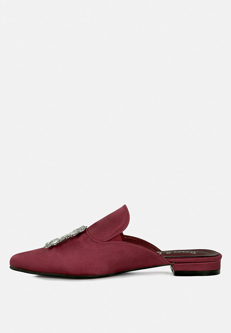 PERRINE Diamante Jewel Satin Mules in Burgundy#color_burgundy