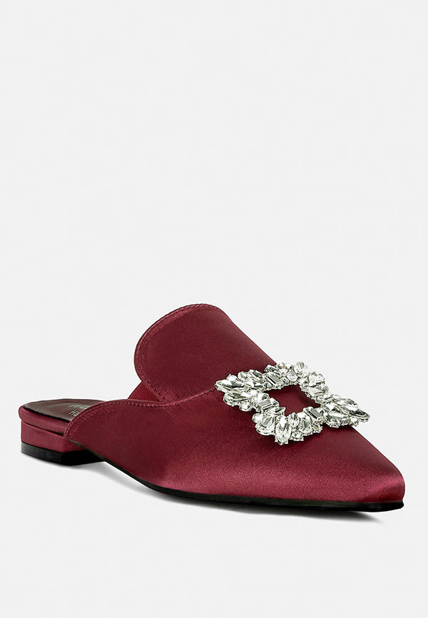 PERRINE Diamante Jewel Satin Mules in Burgundy#color_burgundy