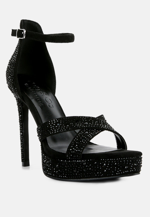 REGALIA Black Diamante Studded High Heel Dress Sandals_Black