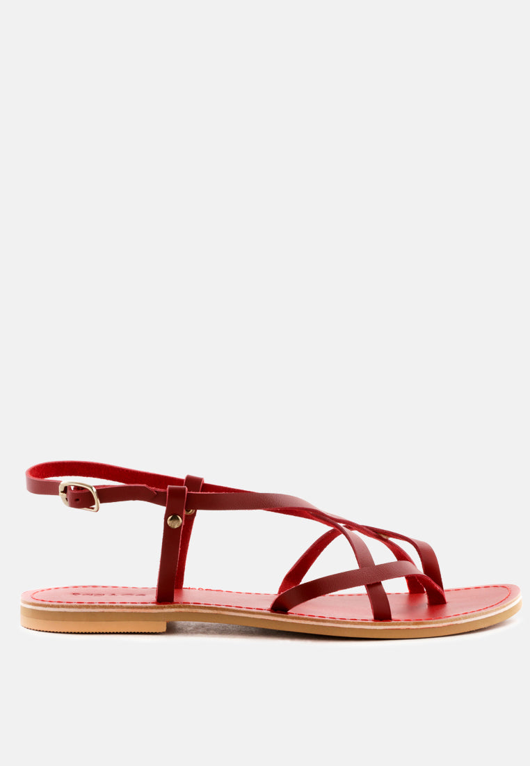 RITA Red Strappy Flat Leather Sandals-Red