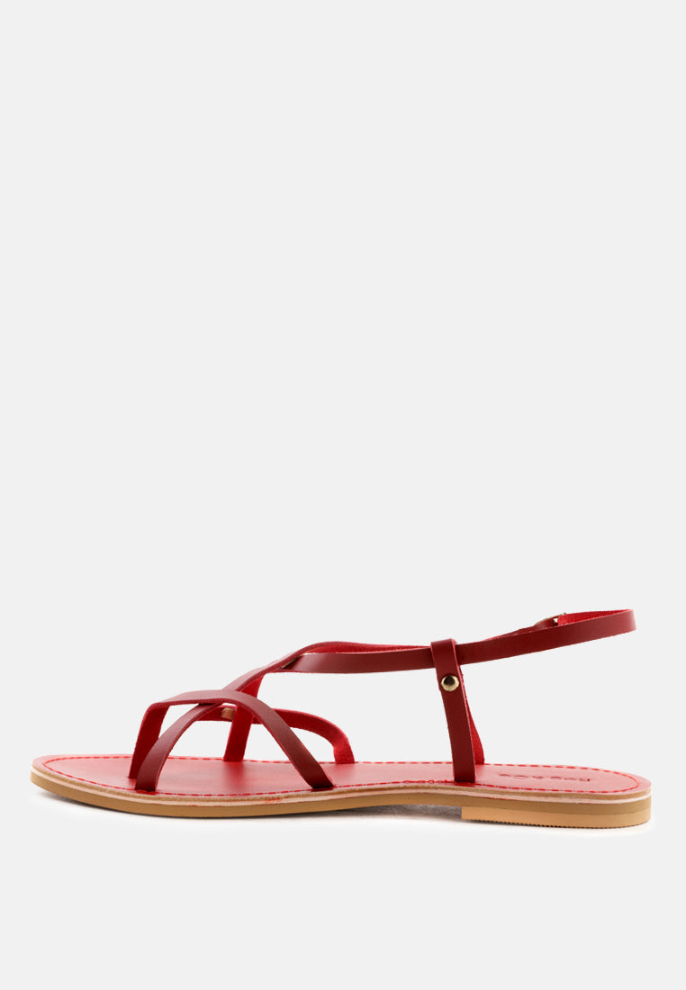 RITA Red Strappy Flat Leather Sandals-Red