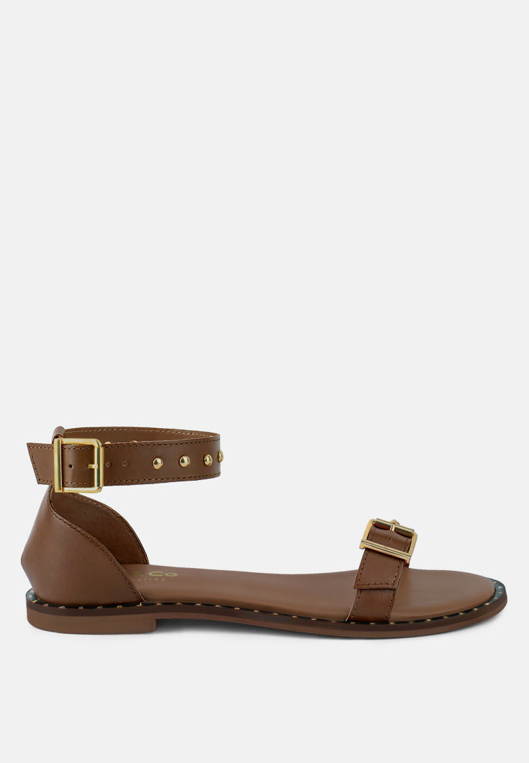 ROSEMARY Buckle Straps Tan Flat Sandals#color_tan