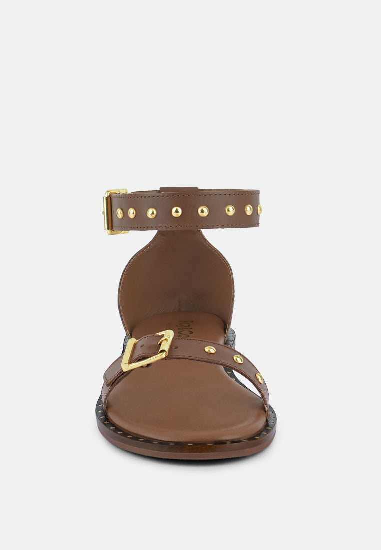 ROSEMARY Buckle Straps Tan Flat Sandals#color_tan