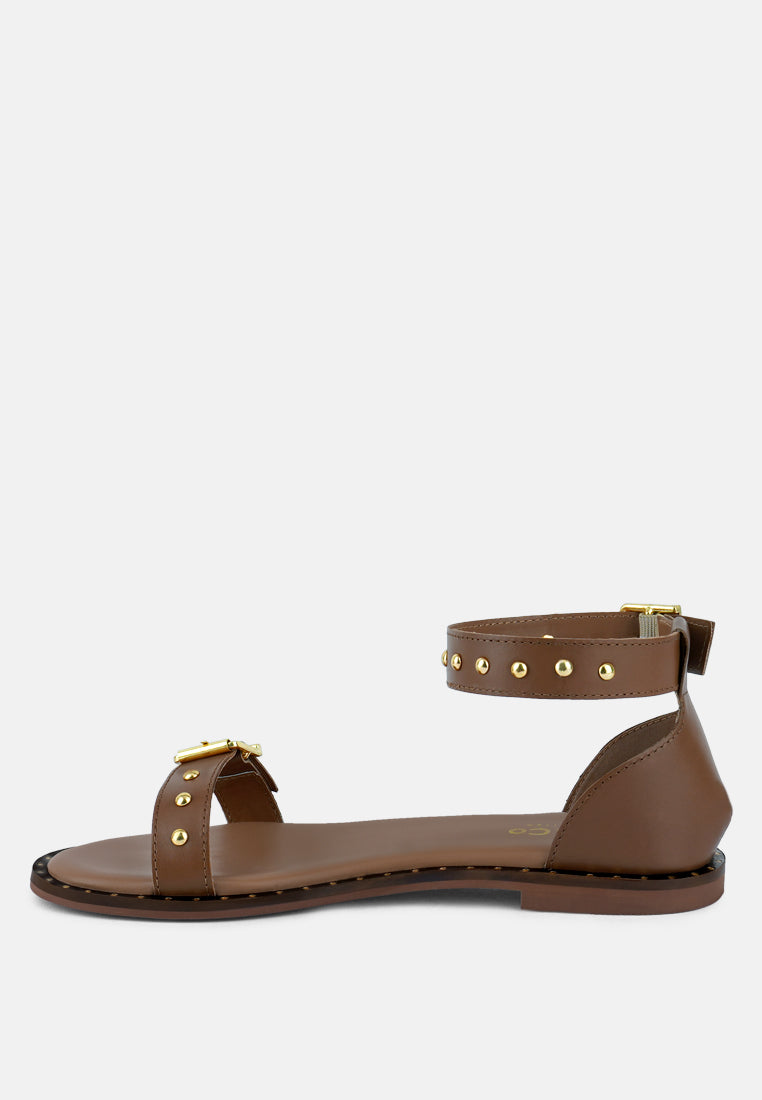 ROSEMARY Buckle Straps Tan Flat Sandals#color_tan