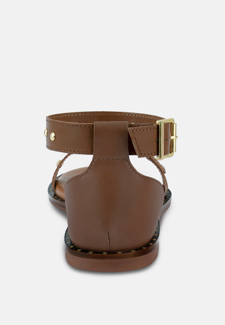 ROSEMARY Buckle Straps Tan Flat Sandals#color_tan