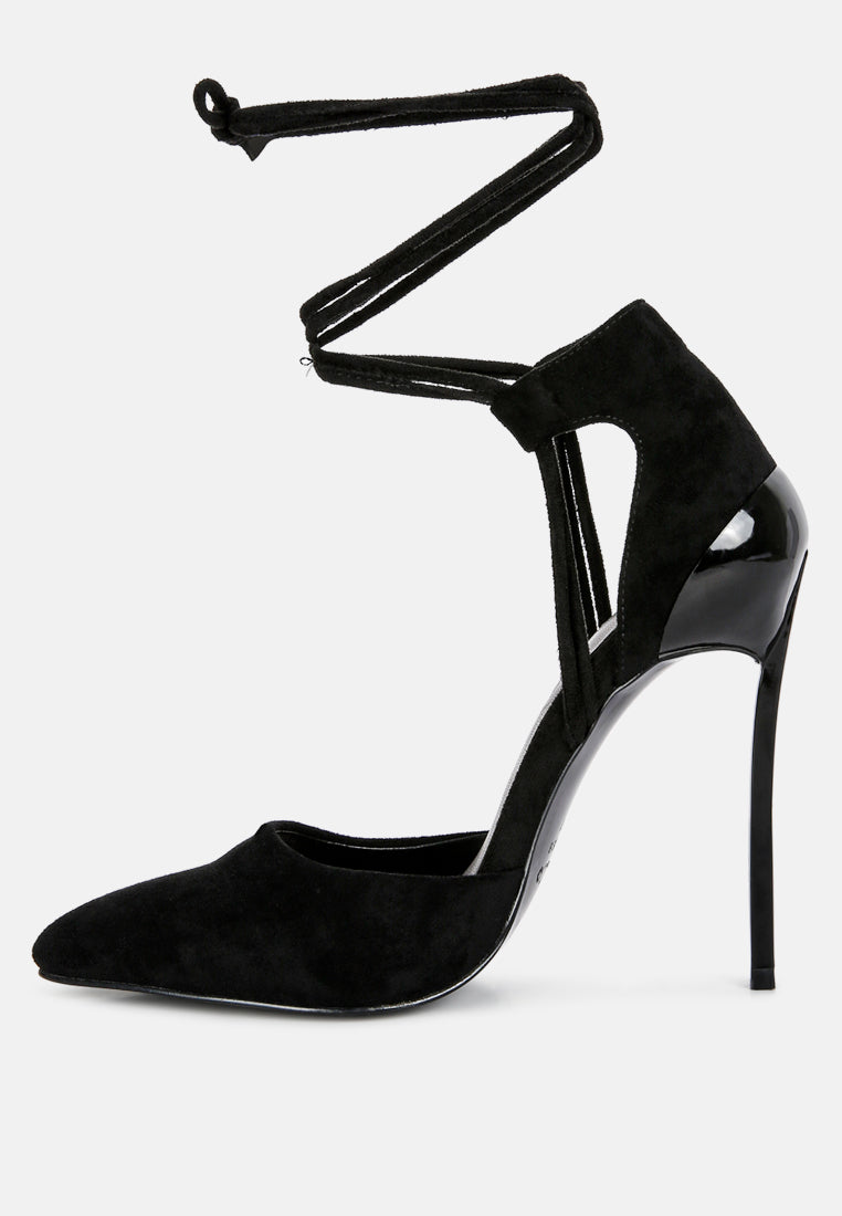 rule breaker black microfiber high heeled lace up sandal#color_black