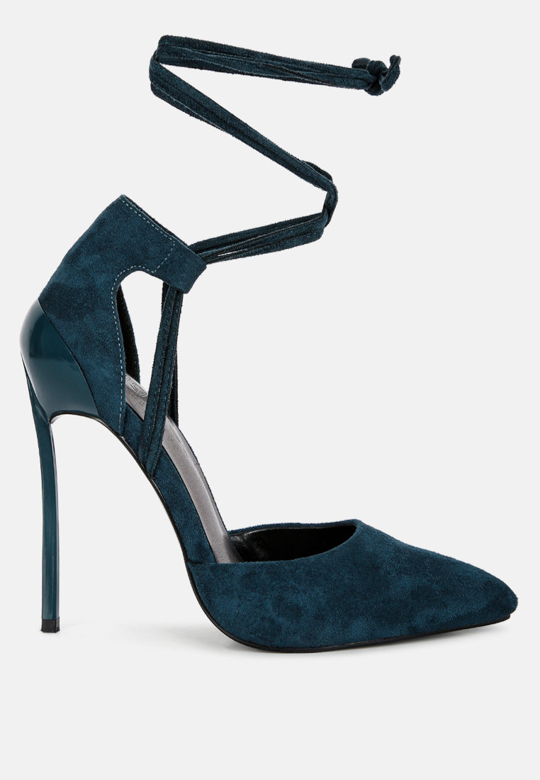 rule breaker dark blue microfiber high heeled lace up sandal#color_blue