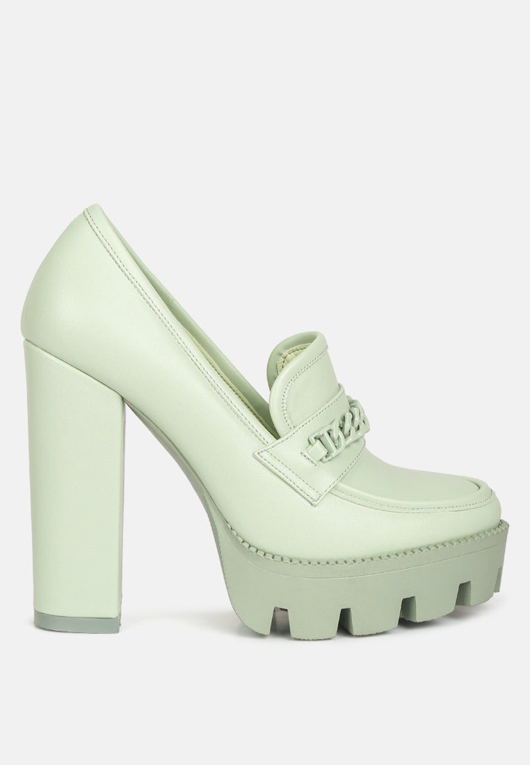 CORINNE Green Chain Embellished Chunky Loafers#color_green