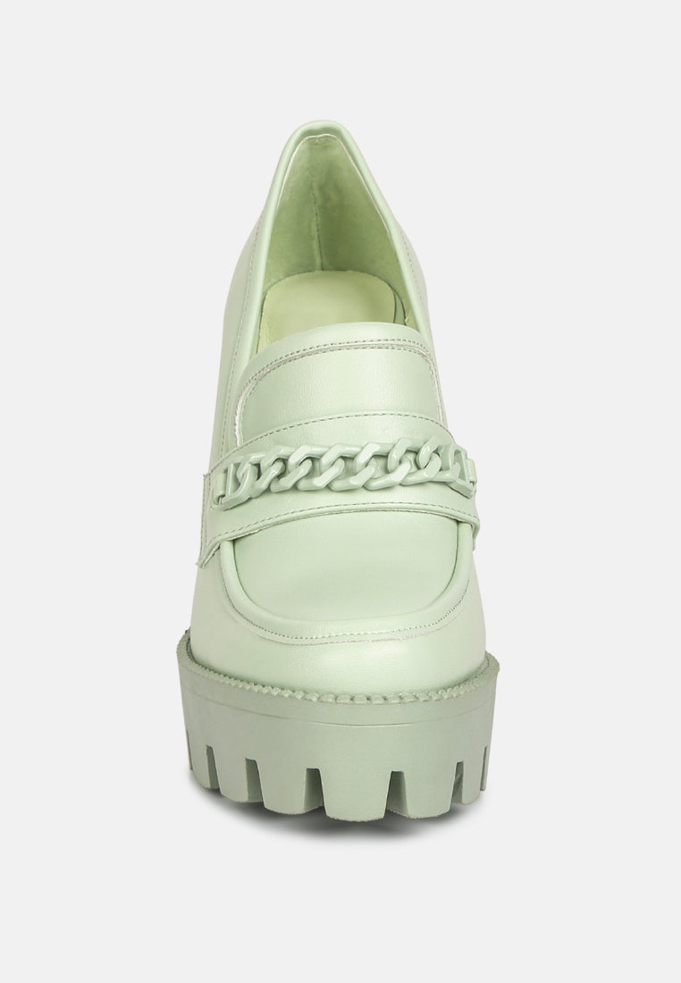 CORINNE Green Chain Embellished Chunky Loafers#color_green