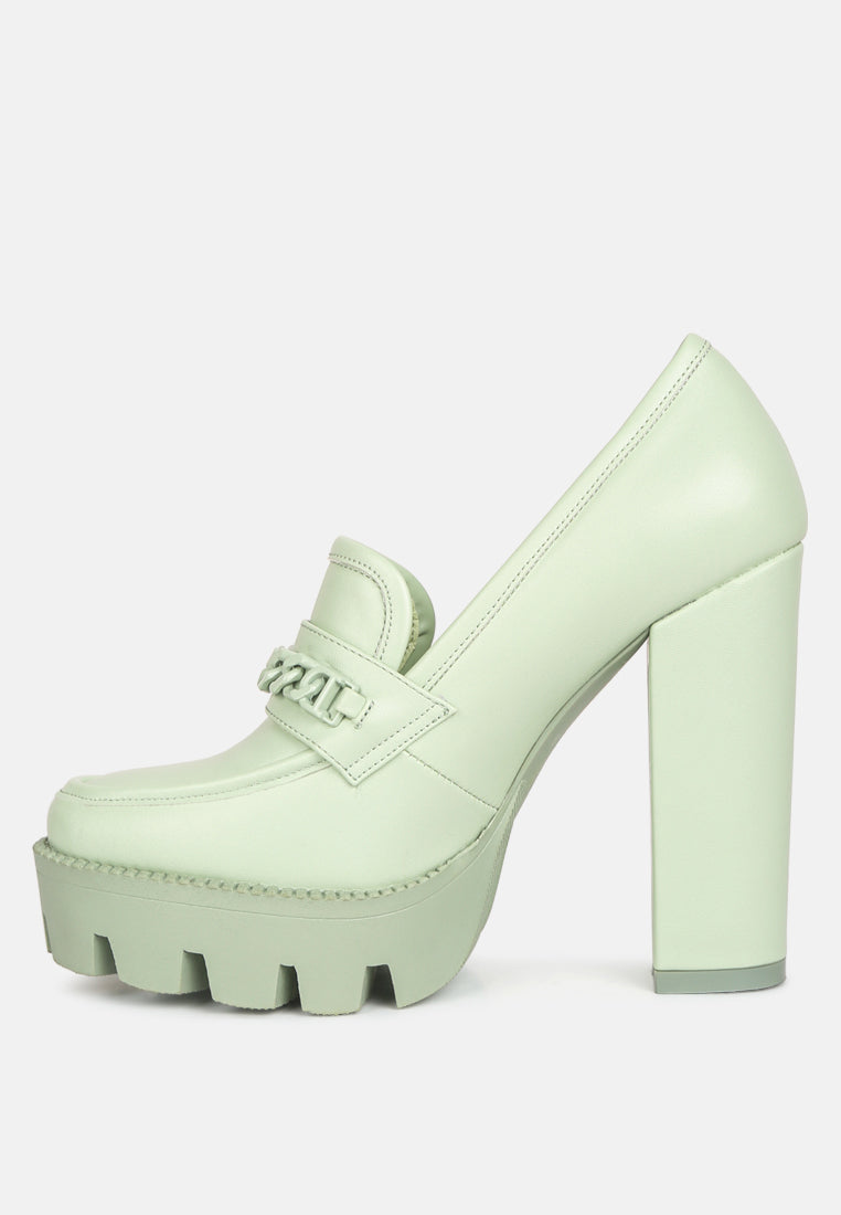 CORINNE Green Chain Embellished Chunky Loafers#color_green
