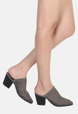 SIA Stacked Heel Laser-Cut Mules-Grey