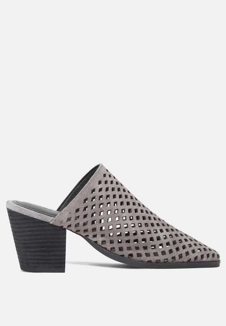 SIA Stacked Heel Laser-Cut Mules-Grey