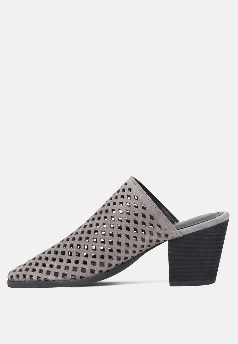 SIA Stacked Heel Laser-Cut Mules-Grey