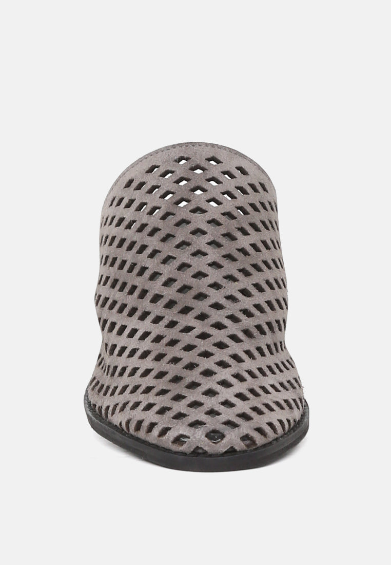 SIA Stacked Heel Laser-Cut Mules-Grey