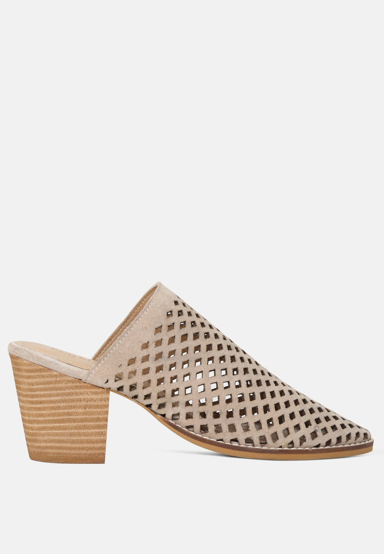 SIA Stacked Heel Laser-Cut Mules in Nude-