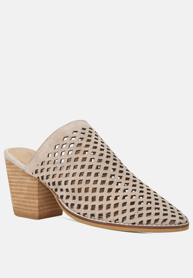 SIA Stacked Heel Laser-Cut Mules in Nude-