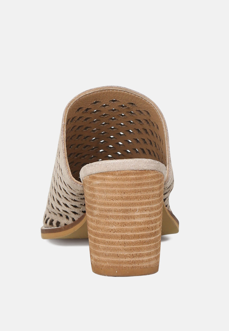 SIA Stacked Heel Laser-Cut Mules in Nude-