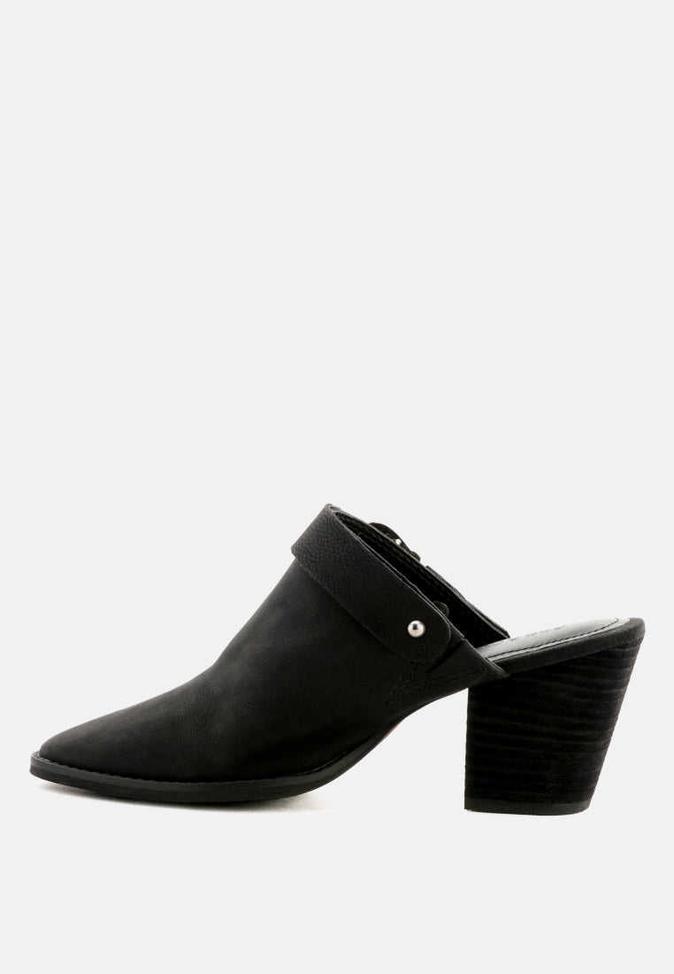 TARRAH Black Stacked Heel Mules with Adjustable Buckle-Black