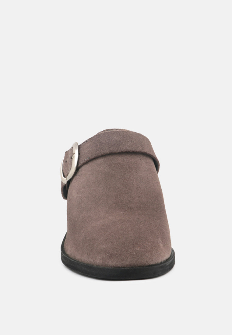 TARRAH Grey Stacked Heel Mules with Adjustable Buckle-Grey