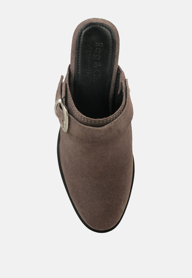 TARRAH Grey Stacked Heel Mules with Adjustable Buckle-Grey