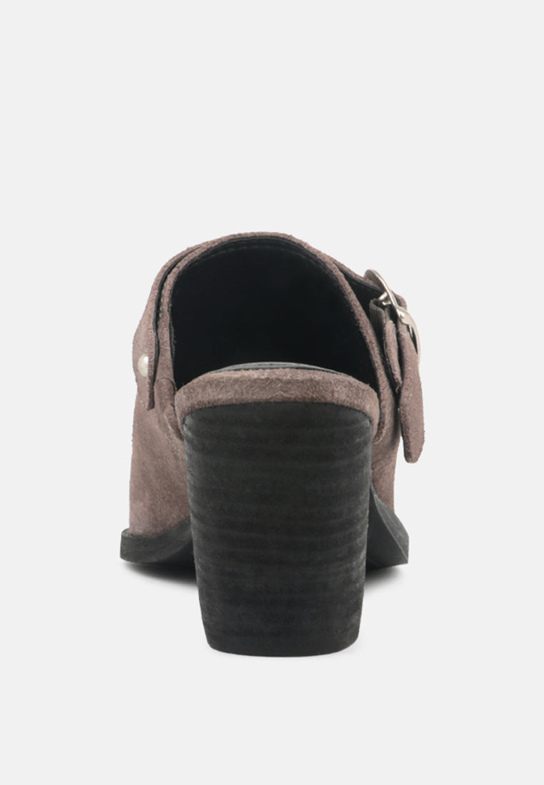 TARRAH Grey Stacked Heel Mules with Adjustable Buckle-Grey