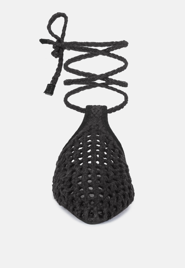 TUTSI Black Handwoven Honeycomb Cotton Tie Up Mule Flats#color_black