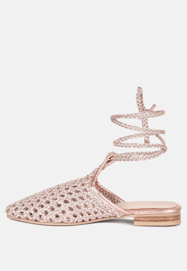 TUTSI Gold Handwoven Honeycomb Tie Up Flat Mules#color_rose-gold
