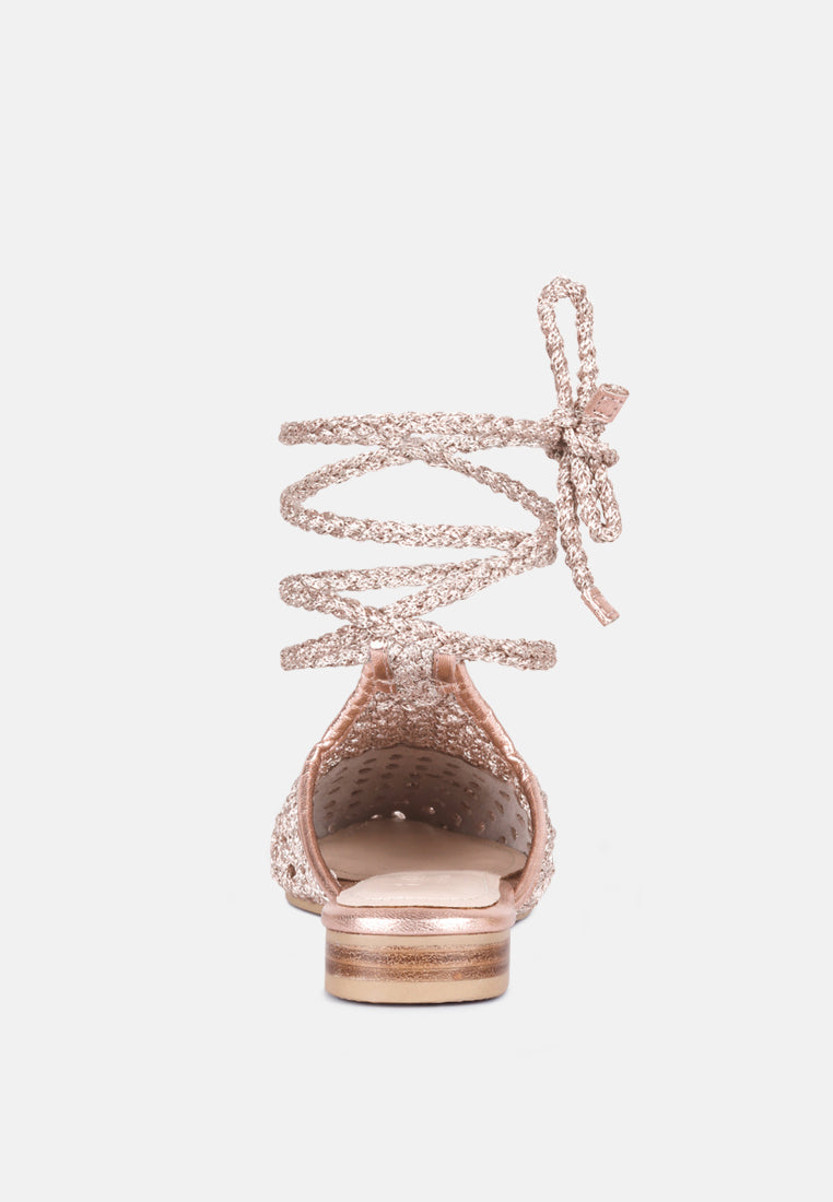 TUTSI Gold Handwoven Honeycomb Tie Up Flat Mules#color_rose-gold