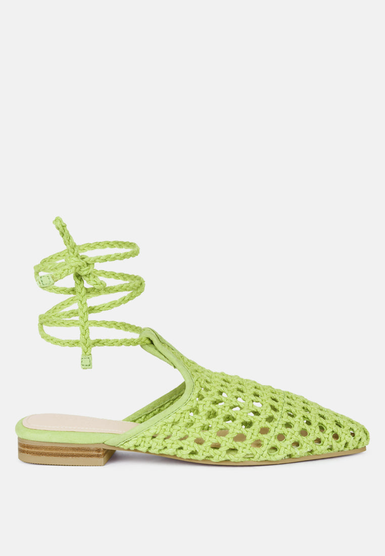 TUTSI Green Handwoven Honeycomb Cotton Tie Up Mule Flats#color_green