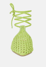 TUTSI Green Handwoven Honeycomb Cotton Tie Up Mule Flats#color_green