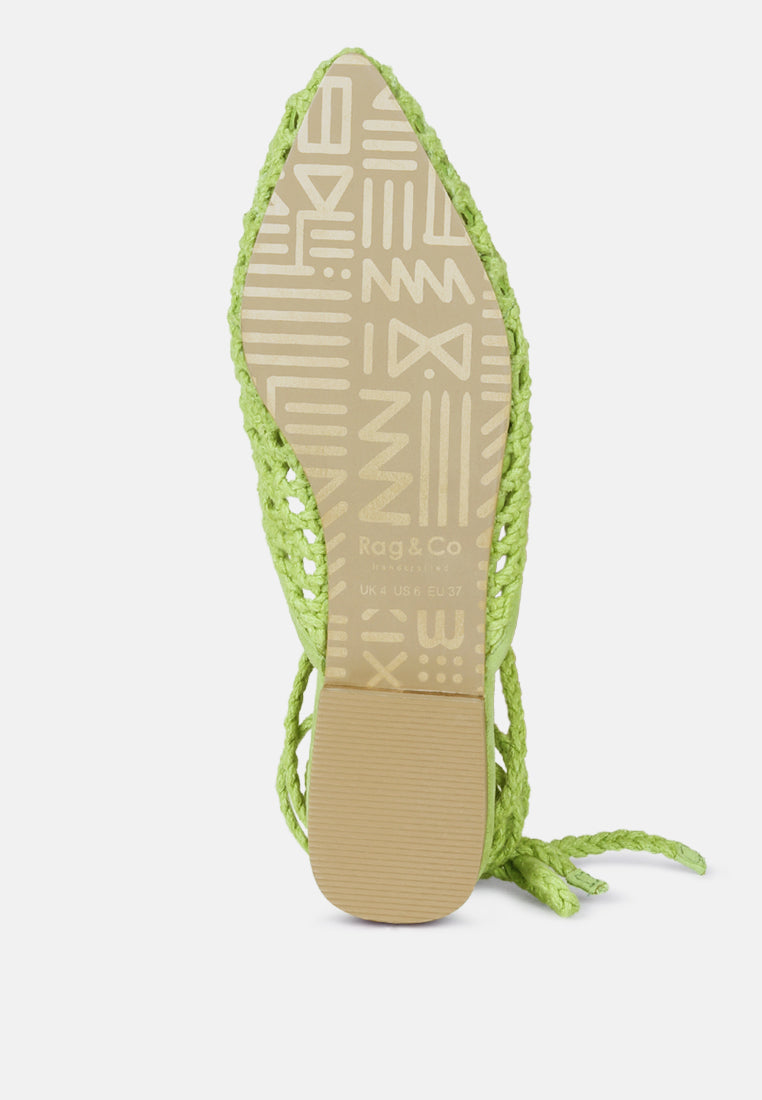 TUTSI Green Handwoven Honeycomb Cotton Tie Up Mule Flats#color_green