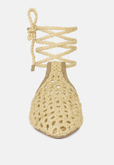 TUTSI Nude Handwoven Honeycomb Cotton Tie Up Mule Flats#color_nude
