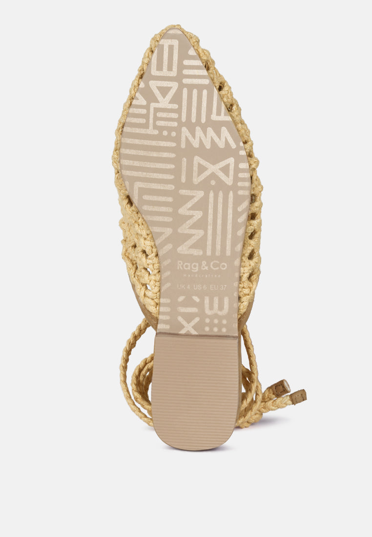 TUTSI Nude Handwoven Honeycomb Cotton Tie Up Mule Flats#color_nude