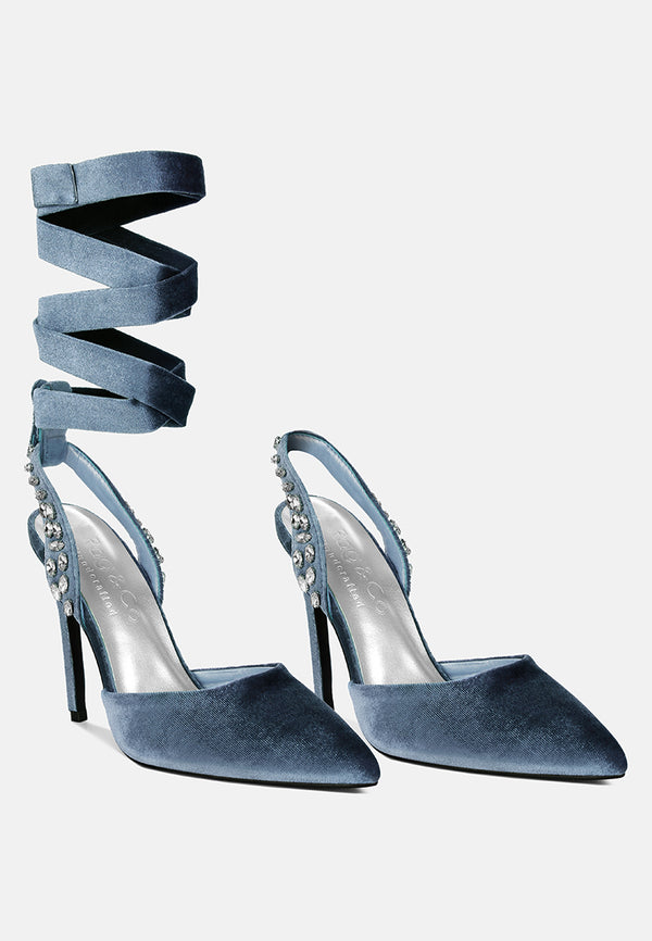 WALLIS Blue Velvet Diamante Stud Tie Up Sandals_Blue