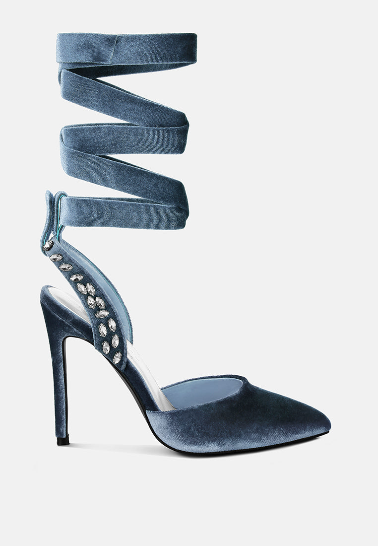WALLIS Blue Velvet Diamante Stud Tie Up Sandals_Blue