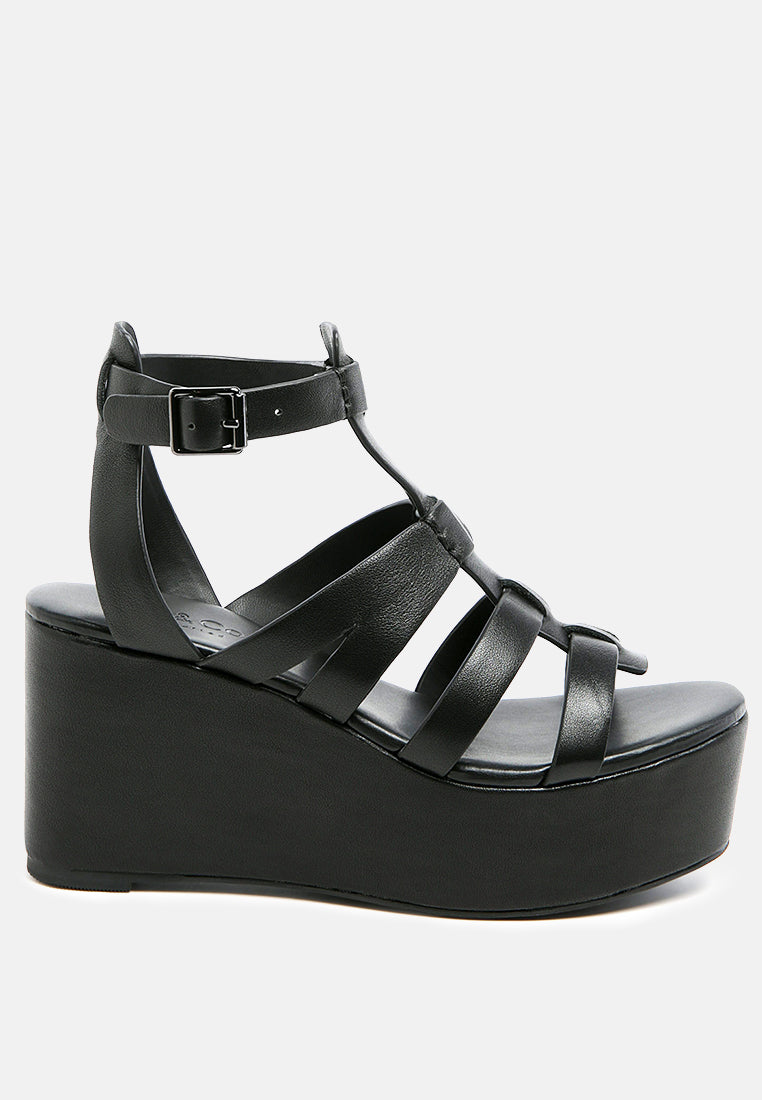 WINDRUSH Cage Wedge Leather Sandal in Black-Black