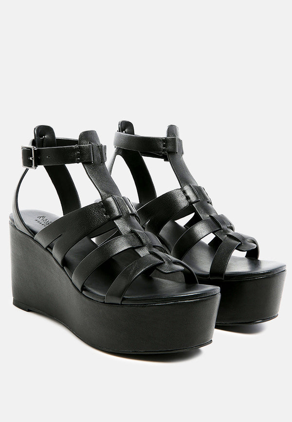 WINDRUSH Cage Wedge Leather Sandal in Black-Black