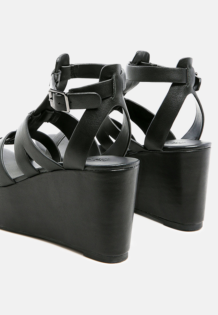 WINDRUSH Cage Wedge Leather Sandal in Black-Black