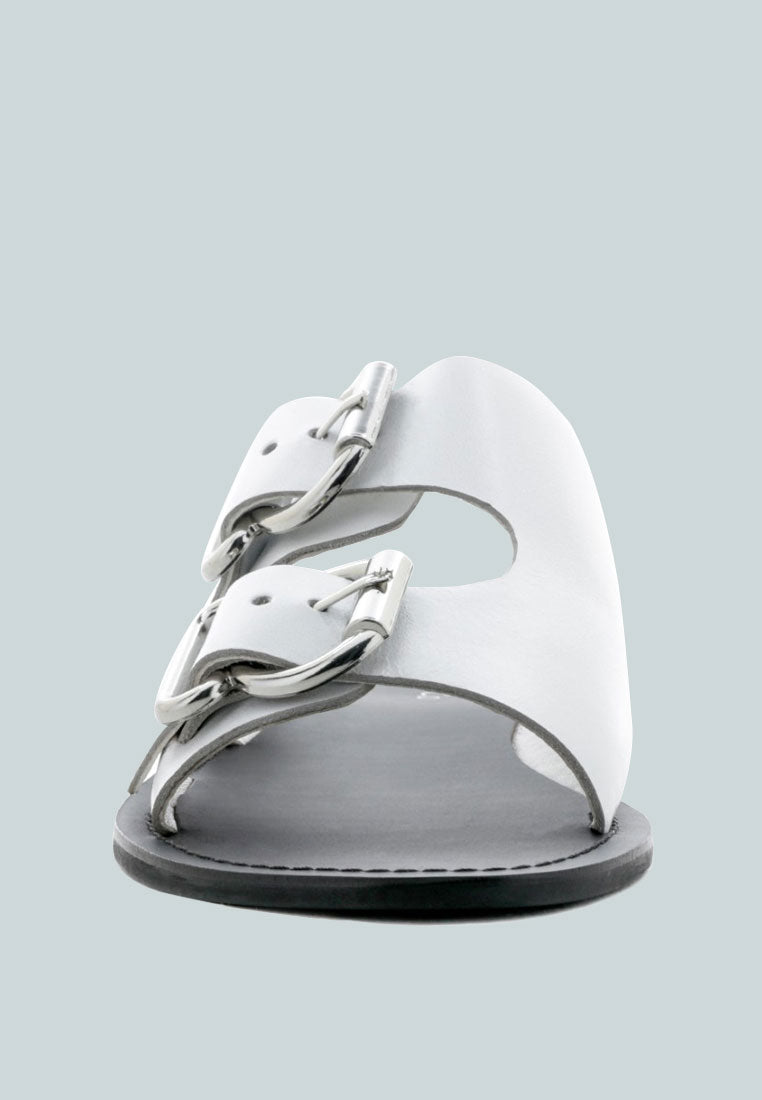 KELLY White Flat Sandal with Buckle Straps-White
