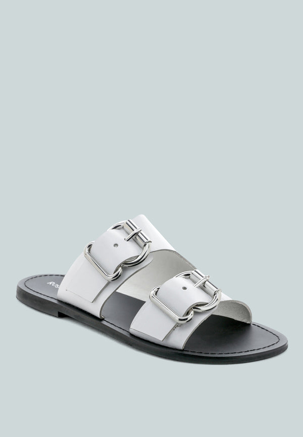 KELLY White Flat Sandal with Buckle Straps-White