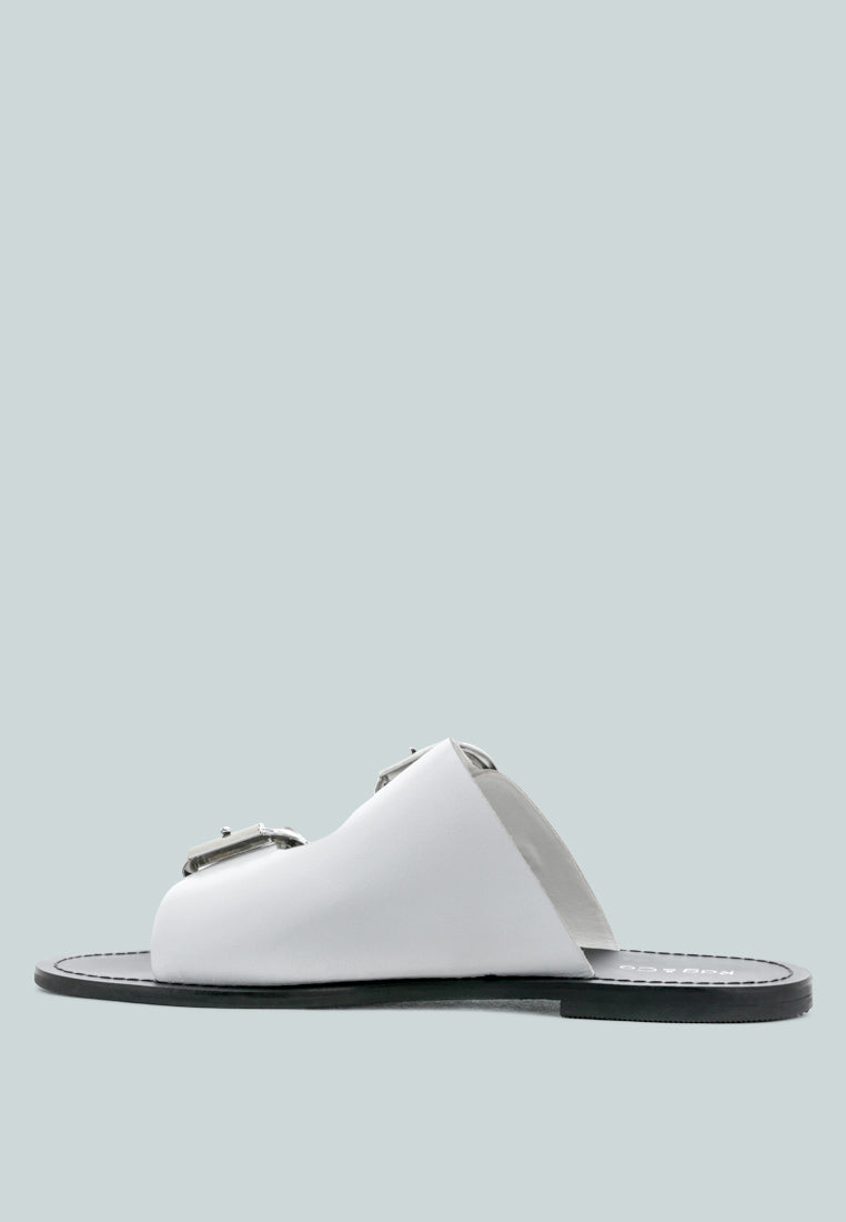 KELLY White Flat Sandal with Buckle Straps-White