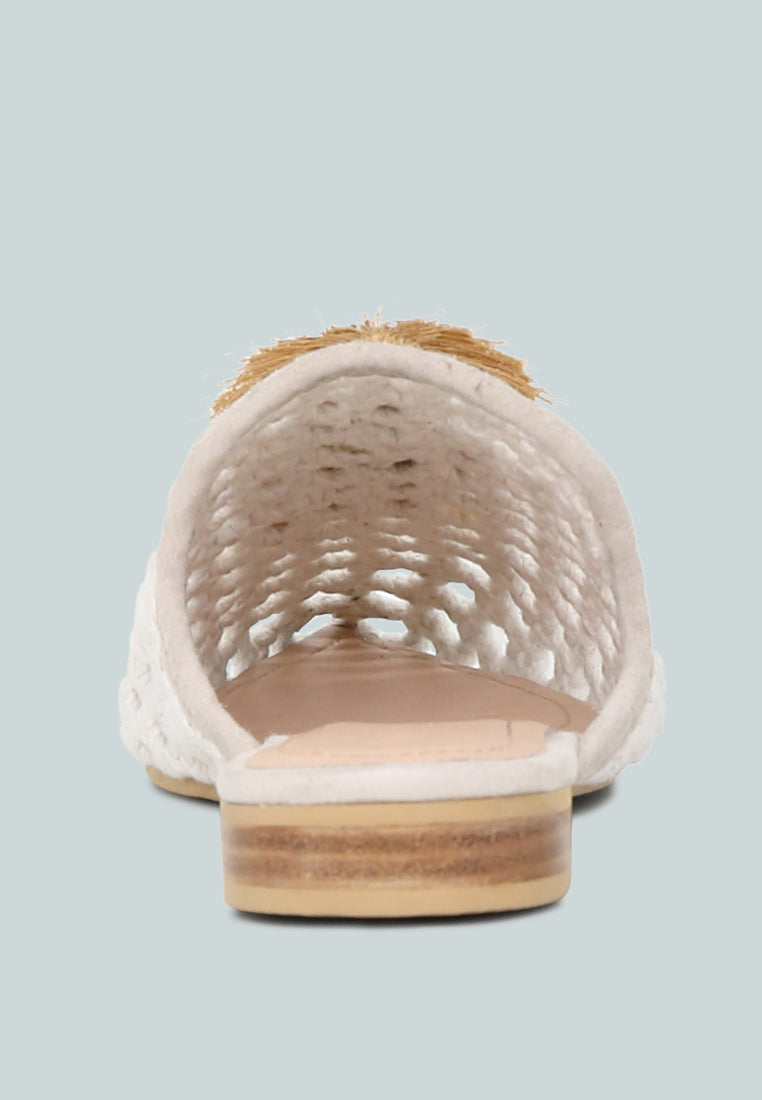 MIRIAM White Woven Metallic Tassel Flat Mules-White