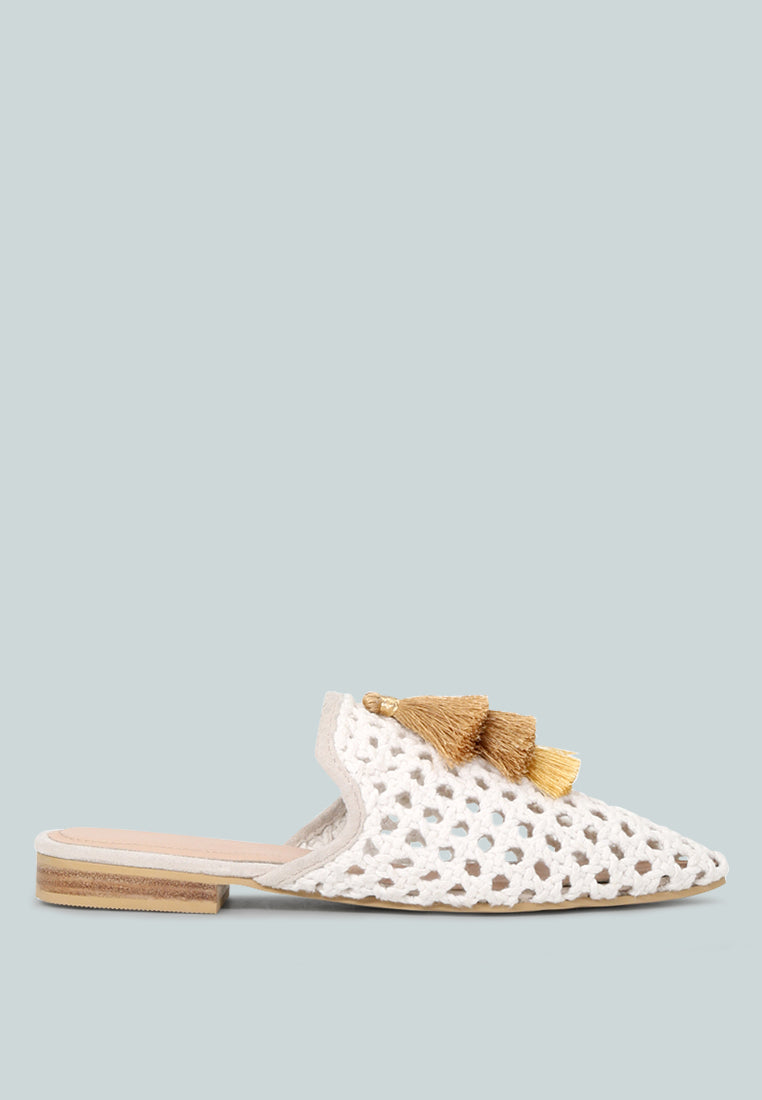 MIRIAM White Woven Metallic Tassel Flat Mules-White